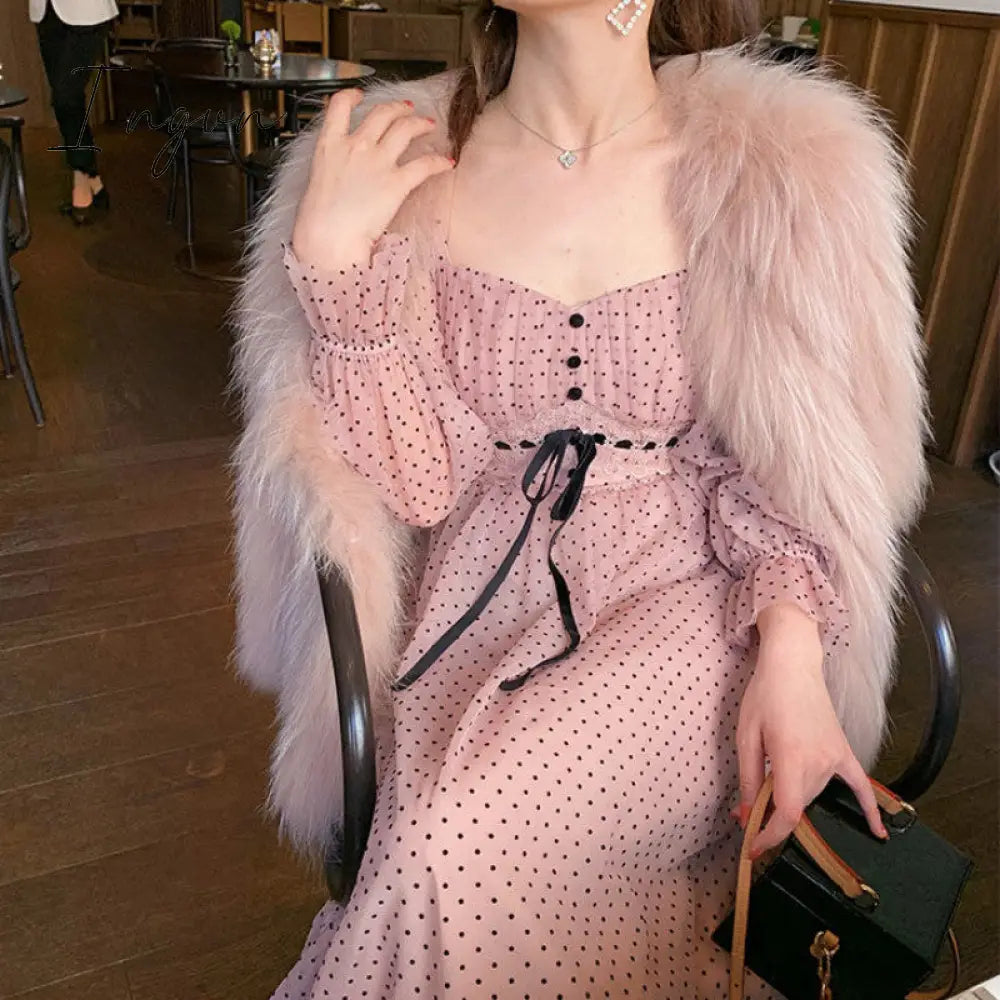 Ingvn - French Vintage Midi Dress Women Puffer Sleeve Square Collor Office Elegant Dress Female Spring Dot One Piece Dress Korean