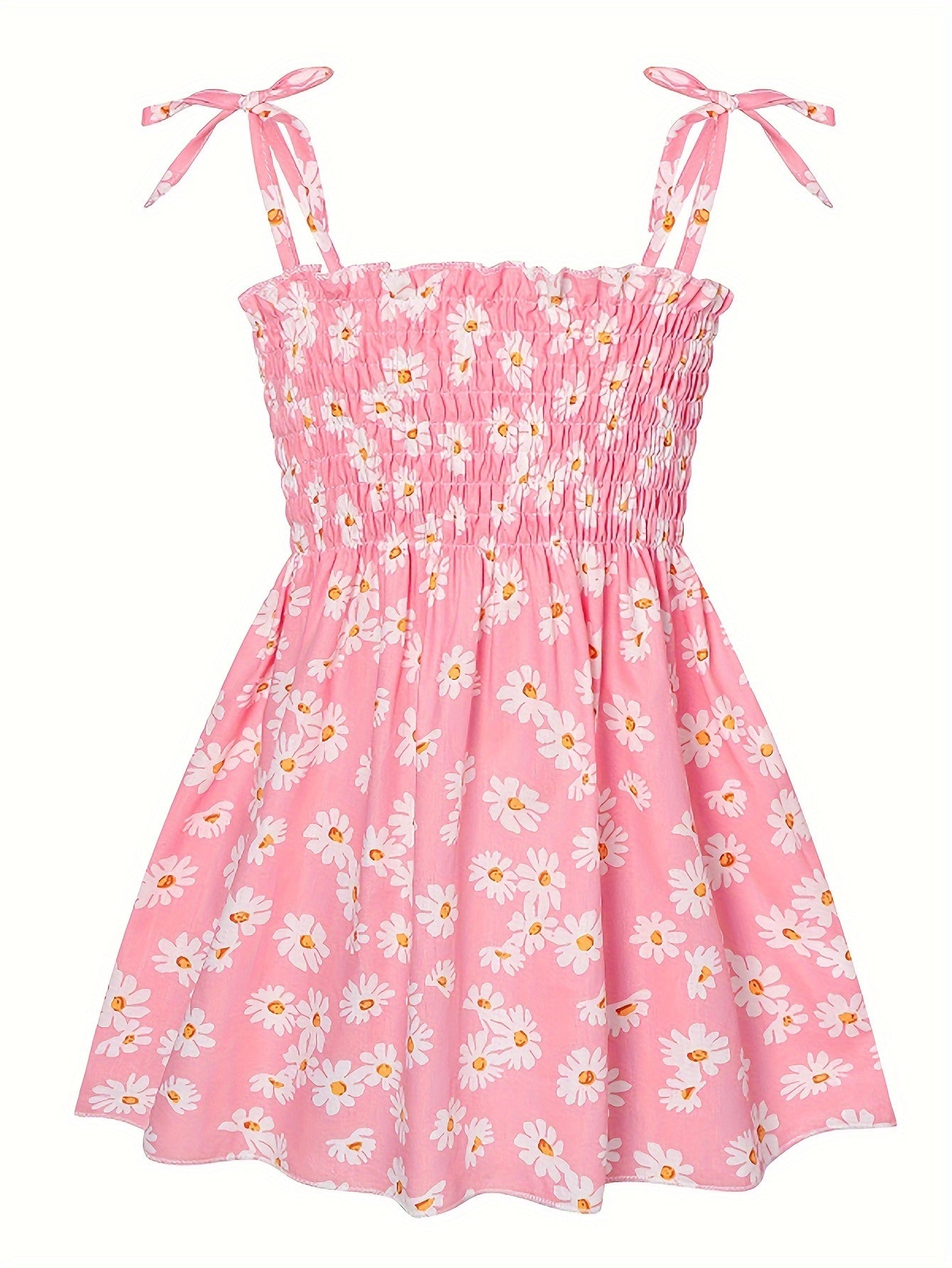 Cotton Little Girls Brief Slip Dress - Shirred, Random Daisy Print, Non-Stretch, Regular Fit, Cute Style - Perfect for Summer Beach Vacation and Outdoor Play