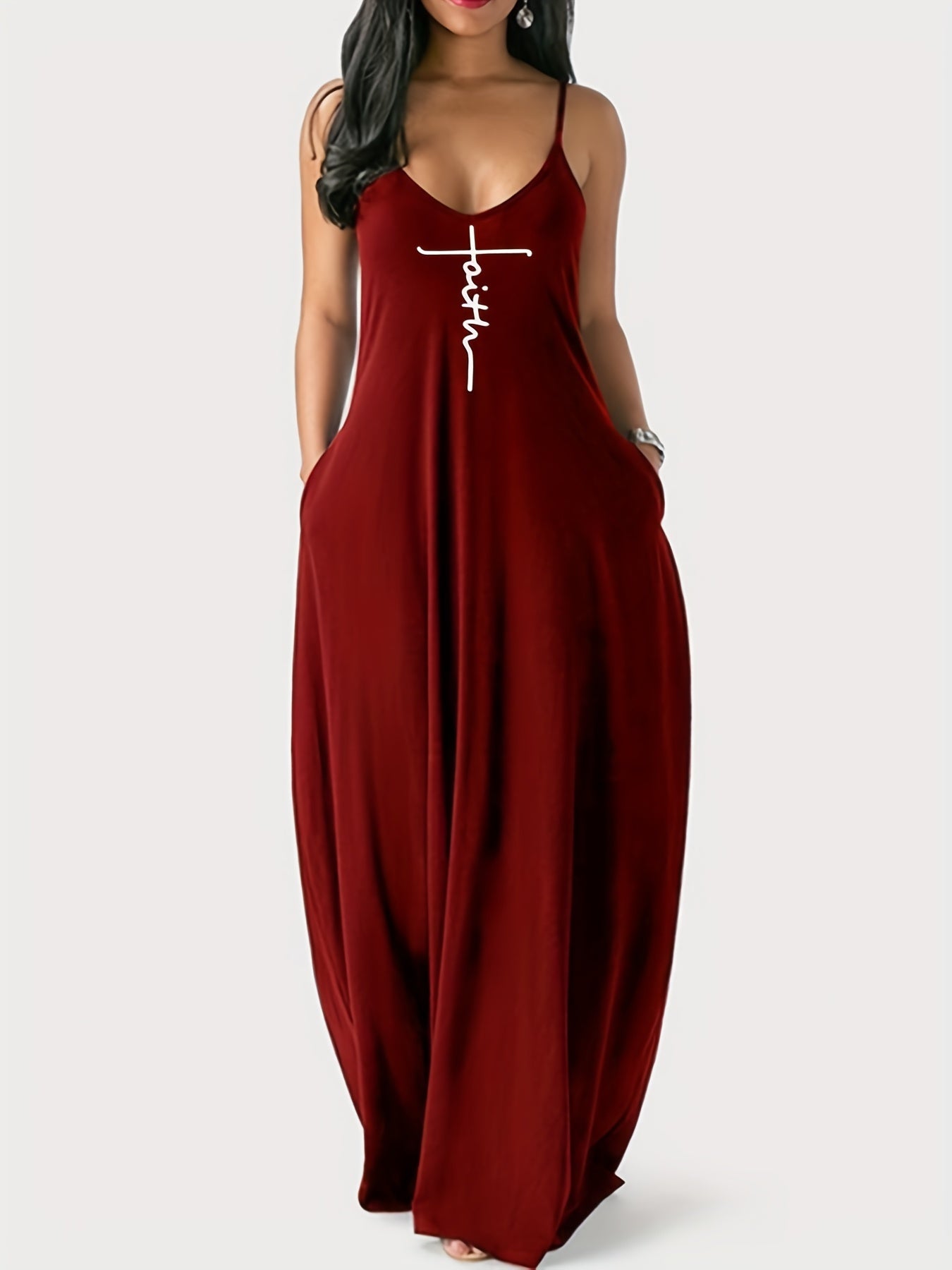 Faith Print Backless Spaghetti Strap Dress - Stylish V Neck Loose Fit for Women - Versatile Casual Summer Wear