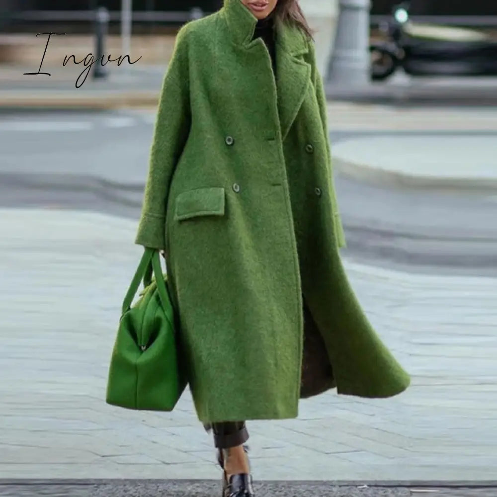 Ingvn - Trends Hot Sale Autumn Winter Long Sleeve Pocket Green Outwear Casual Loose Blend Wool Long Overcoat Women Vintage Button Cardigan Tops Jackets
