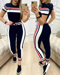 Ingvn - Colorblock Plaid Striped Short Sleeve Tape Top & Drawstring Pants Set Casual Basic Women Two Piece Set