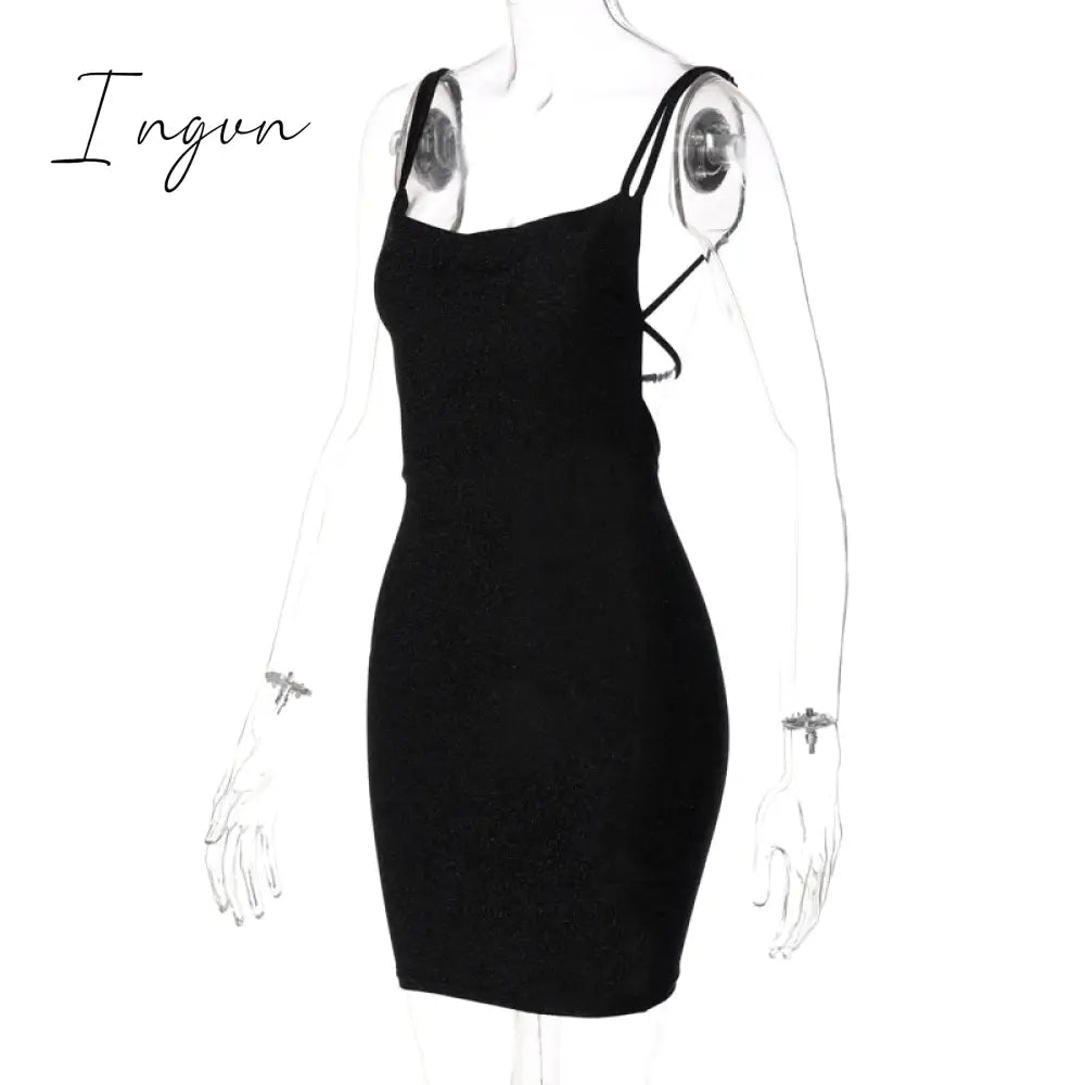 Ingvn - Bling Glitter Sequin Women Strap Mini Dress Ruched Lace Up Backless Bodycon Sexy Party Club Autumn Winter Elegant