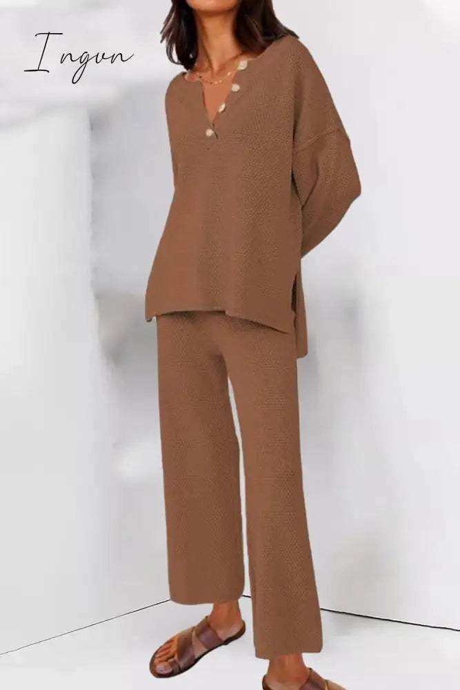 Ingvn - Simplicity Solid Buttons O Neck Long Sleeve Two Pieces