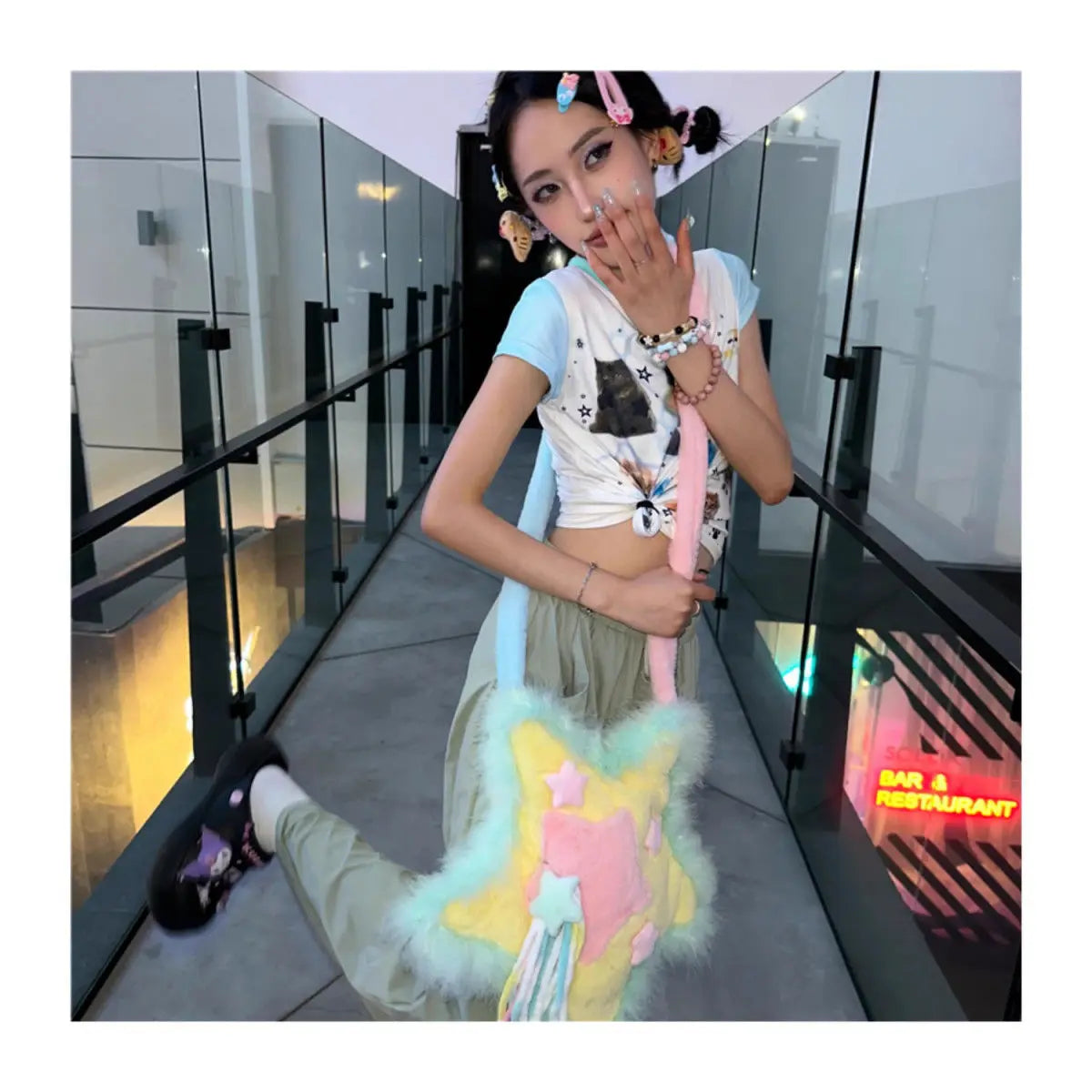 INGVN  Y2k Shoulder Bag for Women Star Shape Applique Tassel Soft Plush Shoulder Bag Sweet Cool Gothic Fashion Designers Handbag