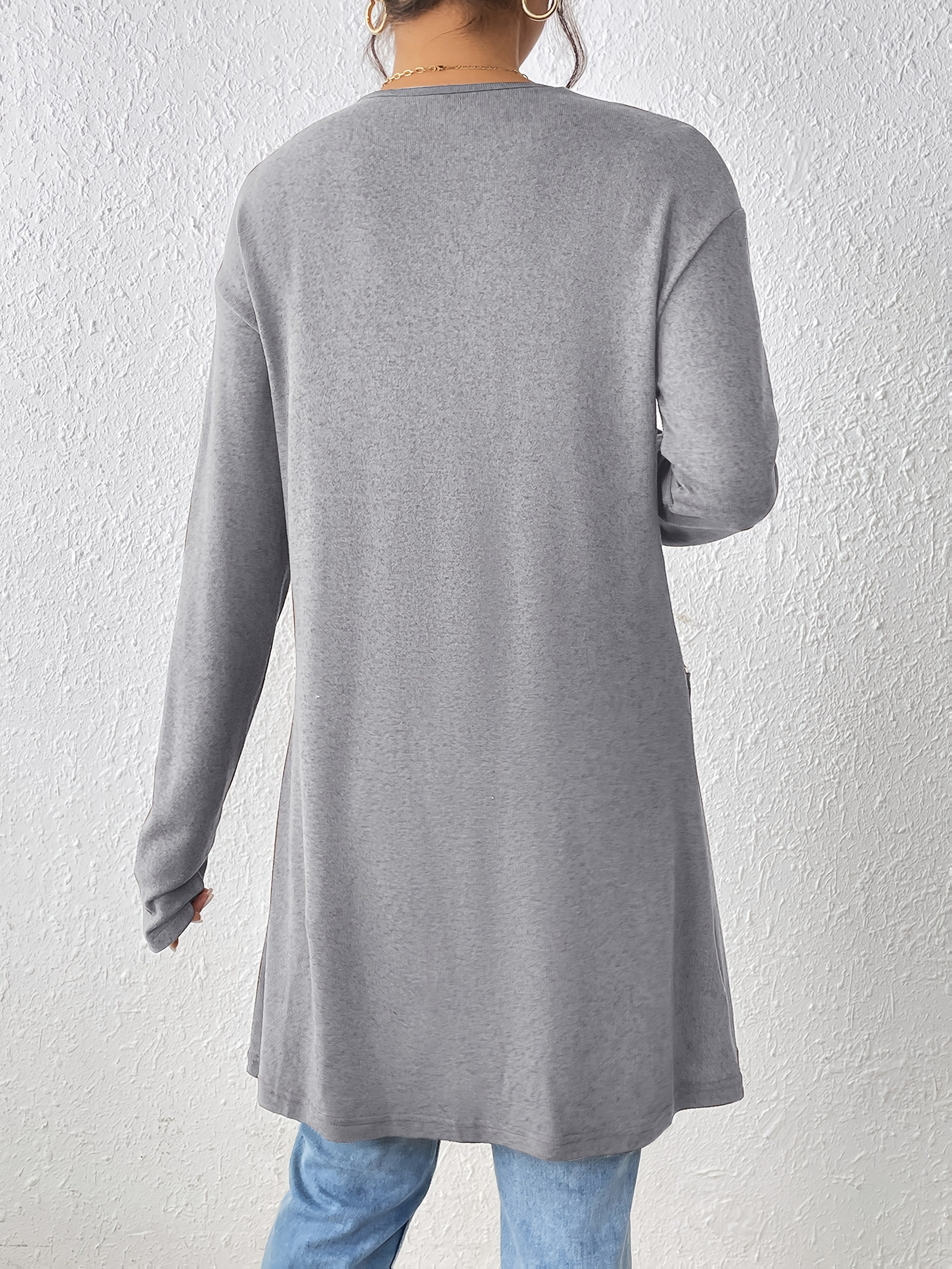 Dual Pockets Open Front Cardigan, Stylish Solid Color Long Sleeve Cardigan For Spring & Fall, Women's Clothing