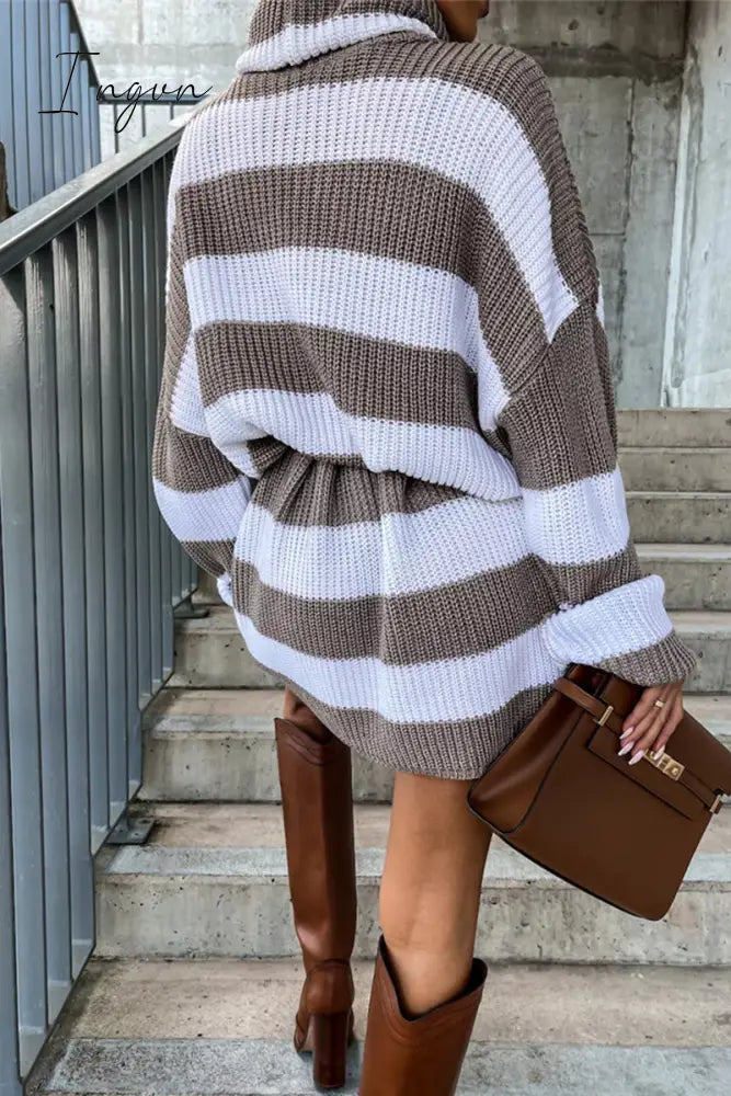 Ingvn - Casual Striped Patchwork Turtleneck Long Sleeve Dresses