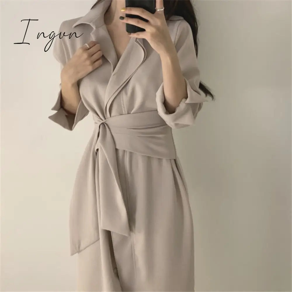 Ingvn - OL Gentle Minimalist Autumn Work Wear Lapel Elegant Lace Up Solid Brief Sexy Chic Loose Dresses Female Vestidos