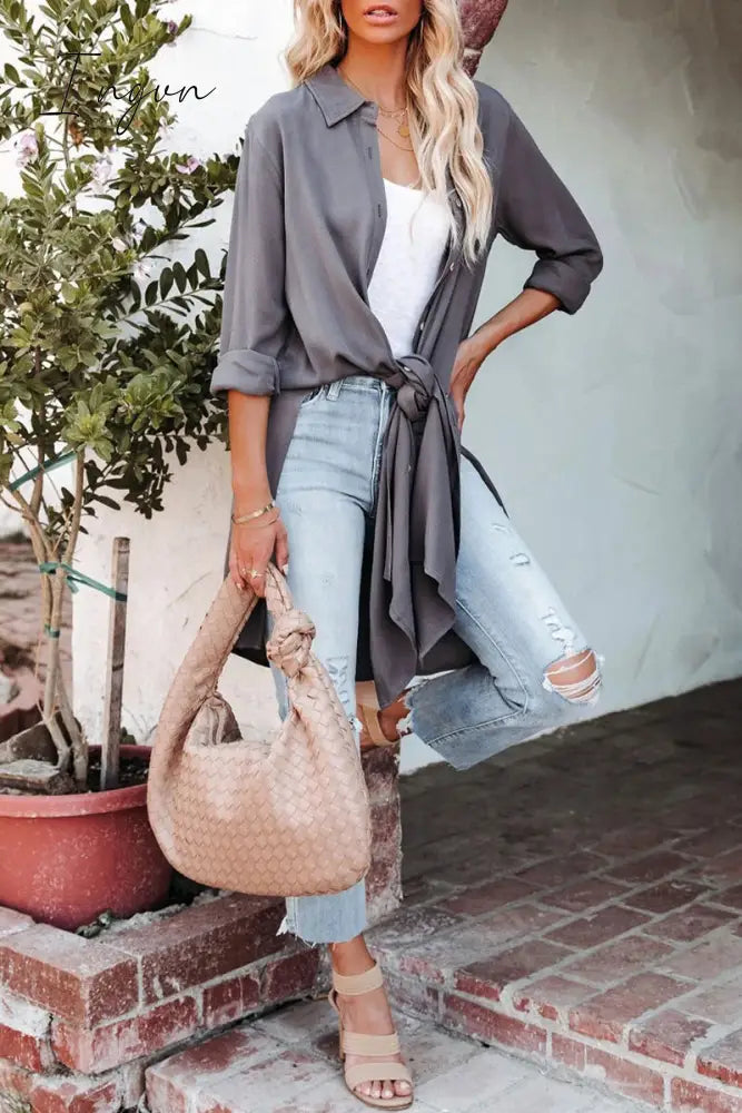 Ingvn - Casual Simplicity Solid Slit Turndown Collar Tops