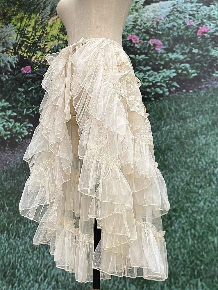 Gothic Lolita Lace Mesh Ruffles Fairy Princess Party Skirt Women Asymmetrical Cute Curtain Sheer Cover Up Thin Long Skirt White