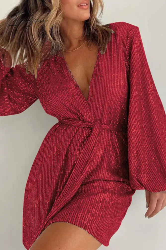Ingvn- Solid Bandage Sequins V Neck Loose Rompers