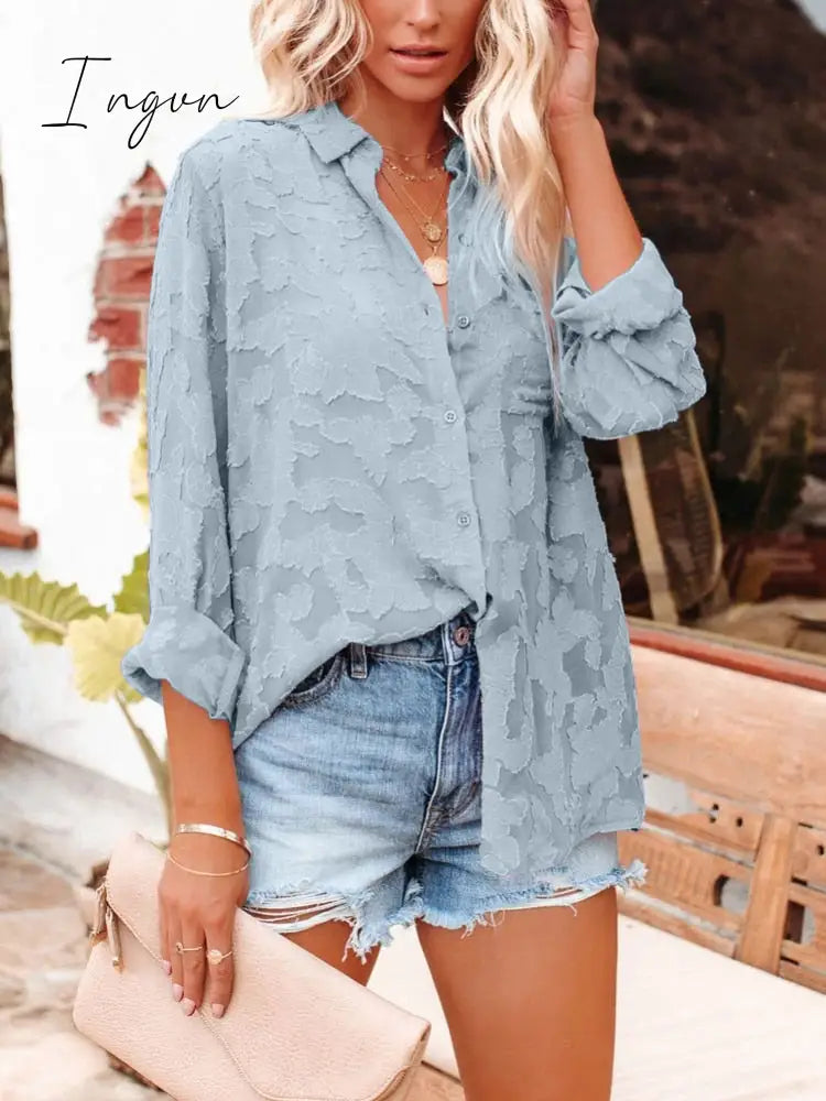 Ingvn - Women's Cotton Shirt Blouse Women 2023 Elegant Spring Candy Colors Basic Top Turn-down Collar Long Sleeve Solid Button Blouses