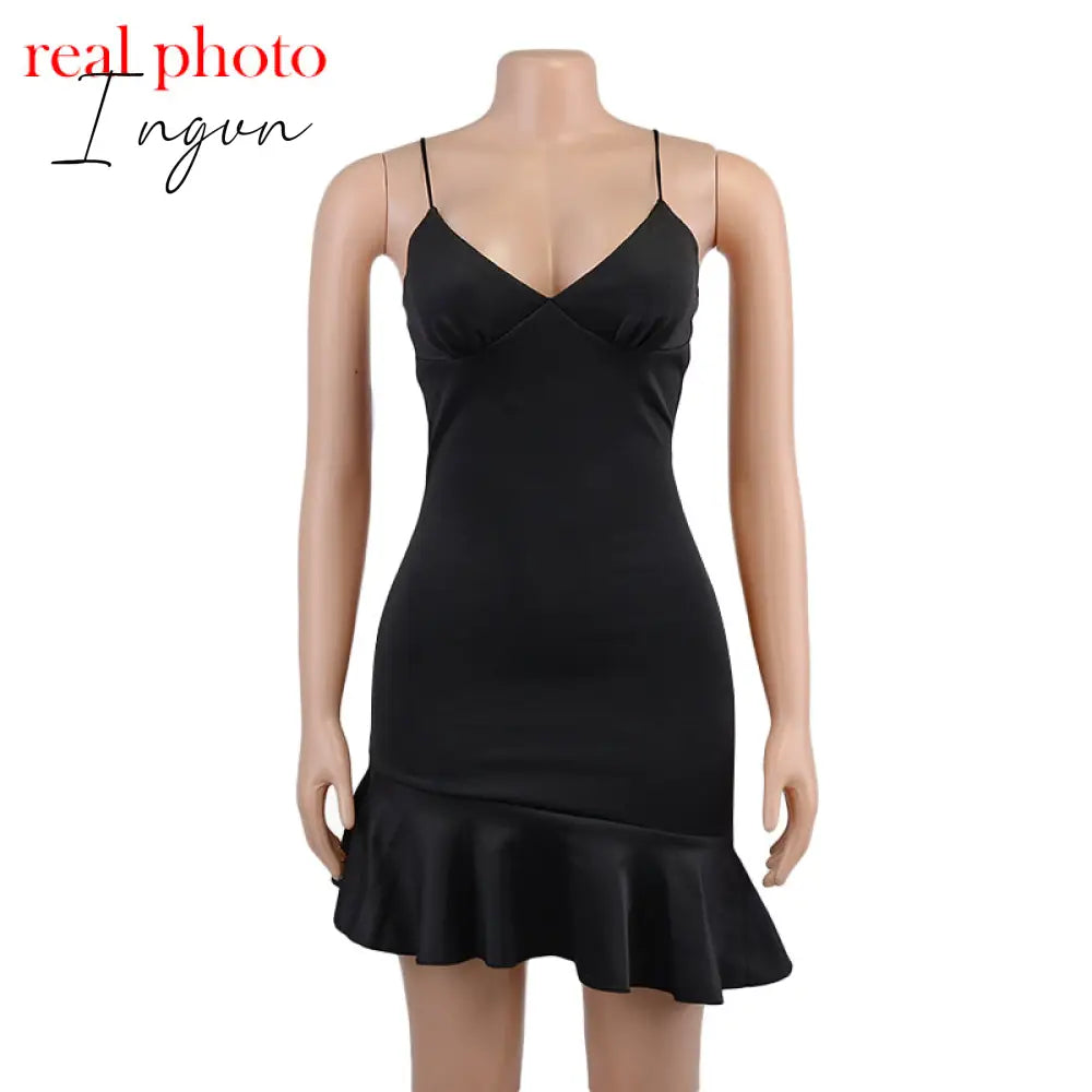Ingvn - Spaghetti Straps Ruffles Mini Dress Club Party Elegant Sleeveless Slip Women's Summer Sundress Outfits Holiday
