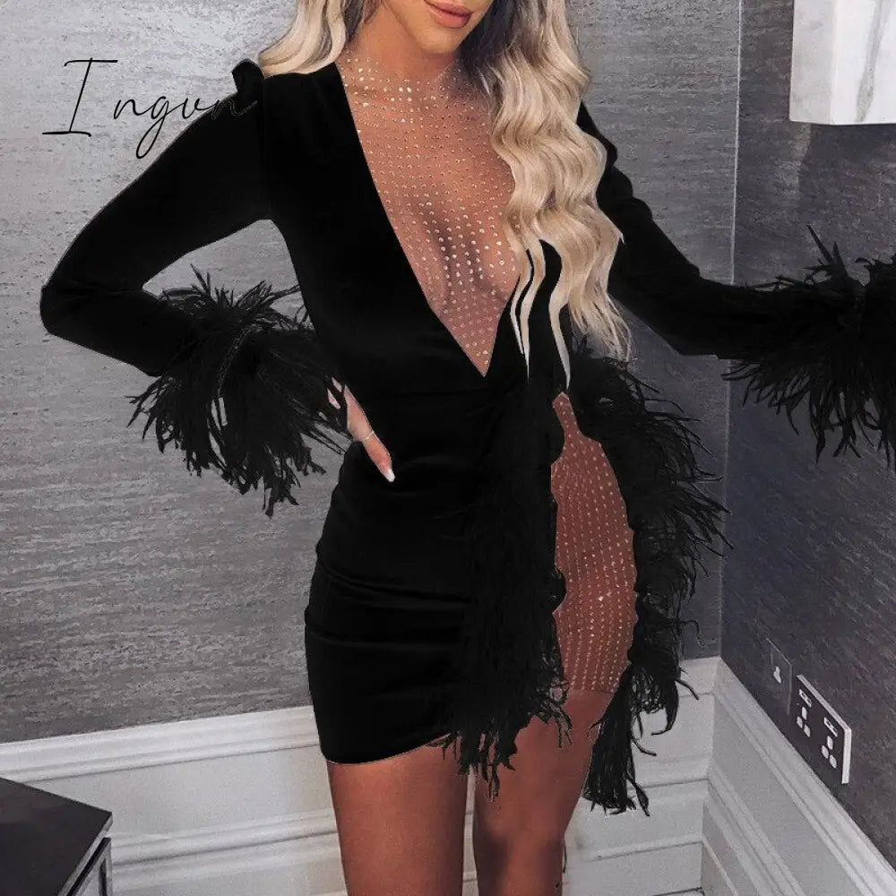 Ingvn - Sexy See Through Sequin Mesh Patchwork Dresses Women Deep V White Feather Mini Party Dress Ladies Nightclub Vestidos