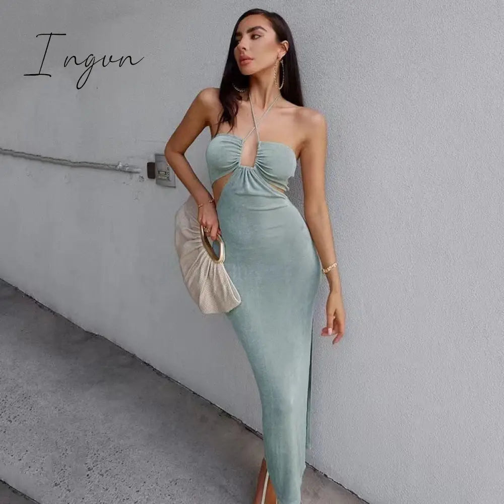Ingvn - Sexy Hollow Out Corset Maxi Dress Party Dress Women Halter Cut Out  Wrap Split Long Dresses Summer Backless Clubwear Midi Robe