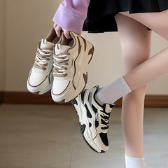 Women's Fashion Contrasting Sneakers, Casual Sports Shoes, Breathable Chunky Sole Lace-Up Design