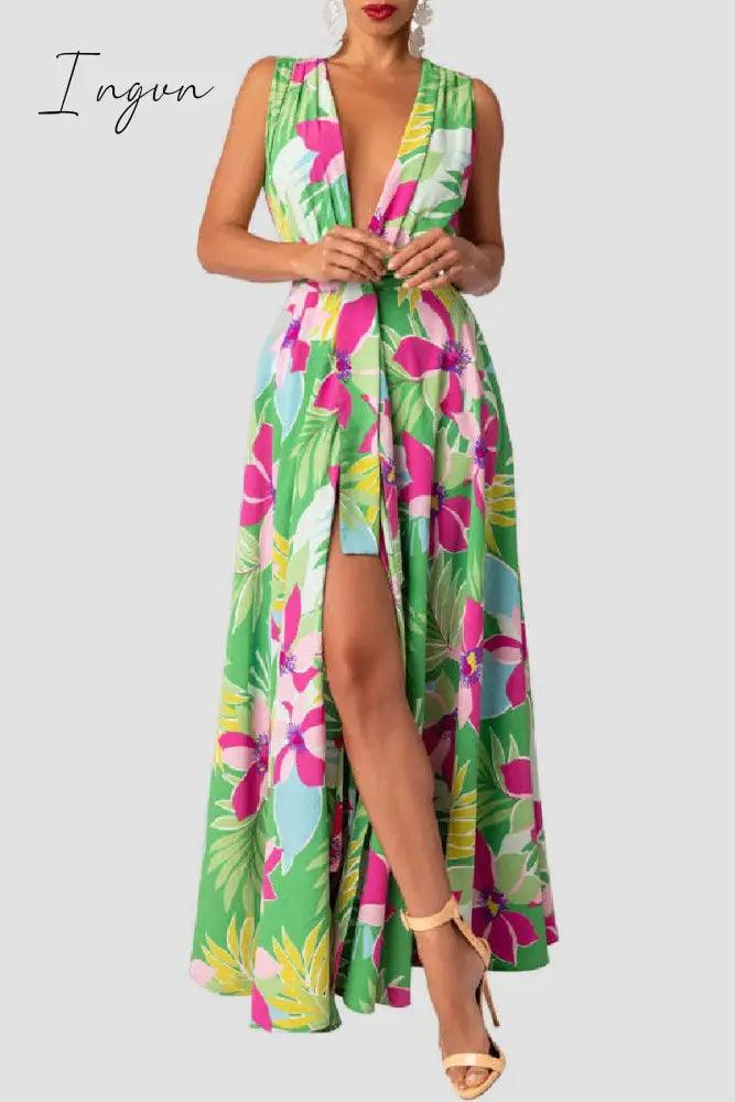Ingvn - Casual Print Patchwork Slit V Neck Long Dress Dresses