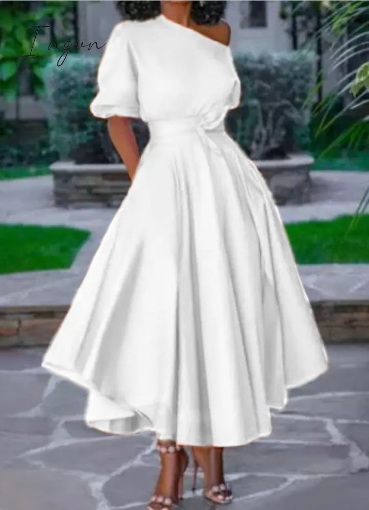 Ingvn - Women Dress Bare Shoulder Waist Belt Long A Line Pleated Orange Casual Fashion Female Ladies Elegant New Autumn Summer Robes