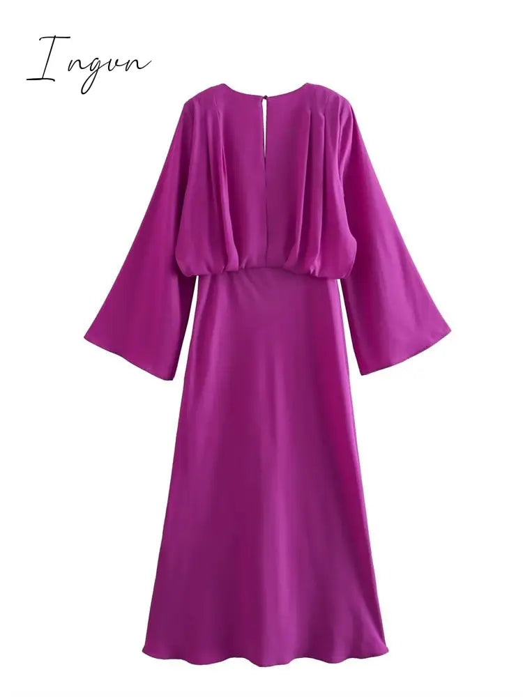 Ingvn - Flare Sleeve Solid Purple V Neck Long Dresses A-line Elegant High Waisted Loose Midi Dress 2023 Woman Casual Ladies Vestidos