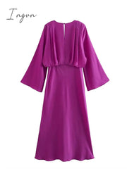 Ingvn - Flare Sleeve Solid Purple V Neck Long Dresses A-line Elegant High Waisted Loose Midi Dress 2023 Woman Casual Ladies Vestidos
