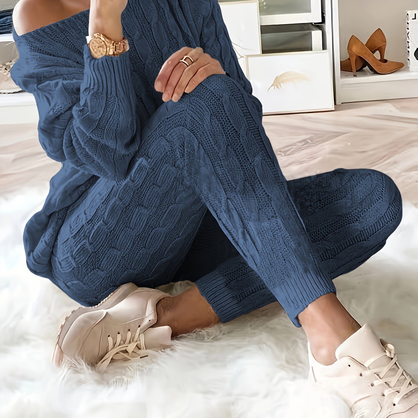 Solid Knitted Matching Two-piece Set, Casual Long Sleeve Sweater & Pants Outfits, Women's Clothing