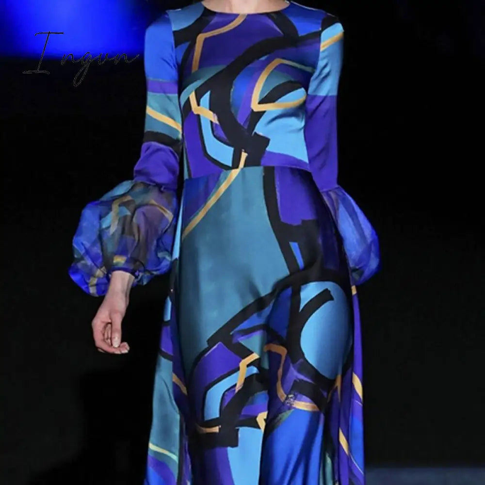 Ingvn - New Women Slim Fit High Waist Dress With Sashes Summer Printing Long Sleeve Button Dress Elegant Female Streetwear Casual Dress