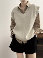 Solid V Neck Knitted Vest, Casual Sleeveless Loose Sweater Vest, Women's Clothing