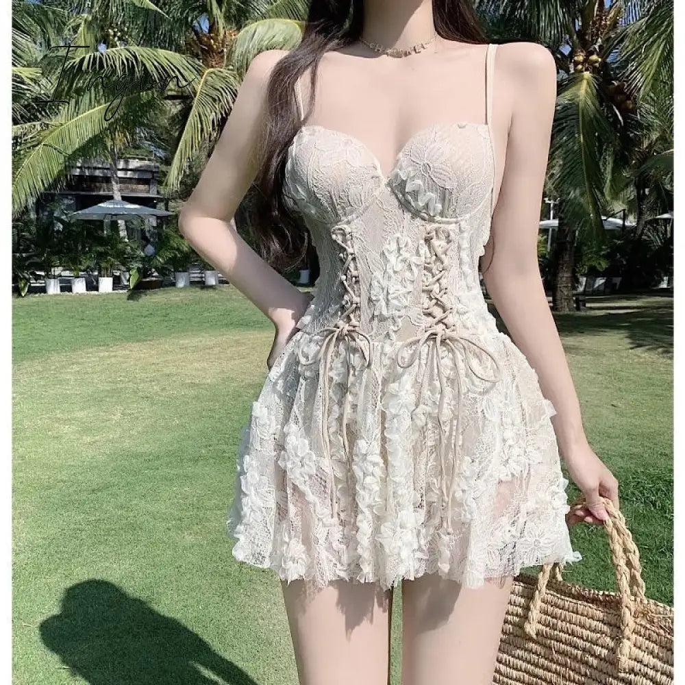 Ingvn - Backless Dress Women Lace Sexy Short Embroidery Mini Y2k Push Up Dress with Flowers Korean Dress Summer Gothic Party
