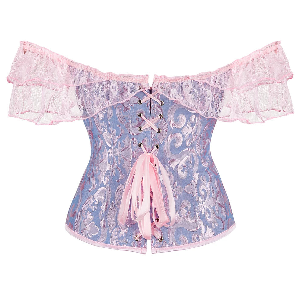 Voguable Womens Bustier Overbust Corselet Lace Up Short Sleeve Sheer Corset Bluse Costume Crop Top