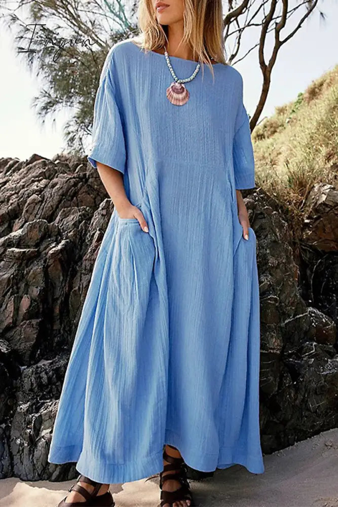 Ingvn - Casual Simplicity Solid Pocket O Neck A Line Dresses