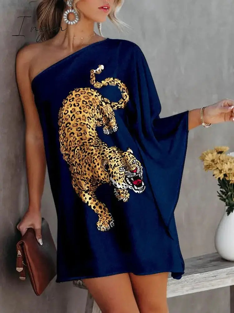 Ingvn - Sexy One-Shoulder Long Sleeve Party Dress Spring Vintage Halter Loose Irregular Dress Elegant Women Print Ruffle Dresses Vestido