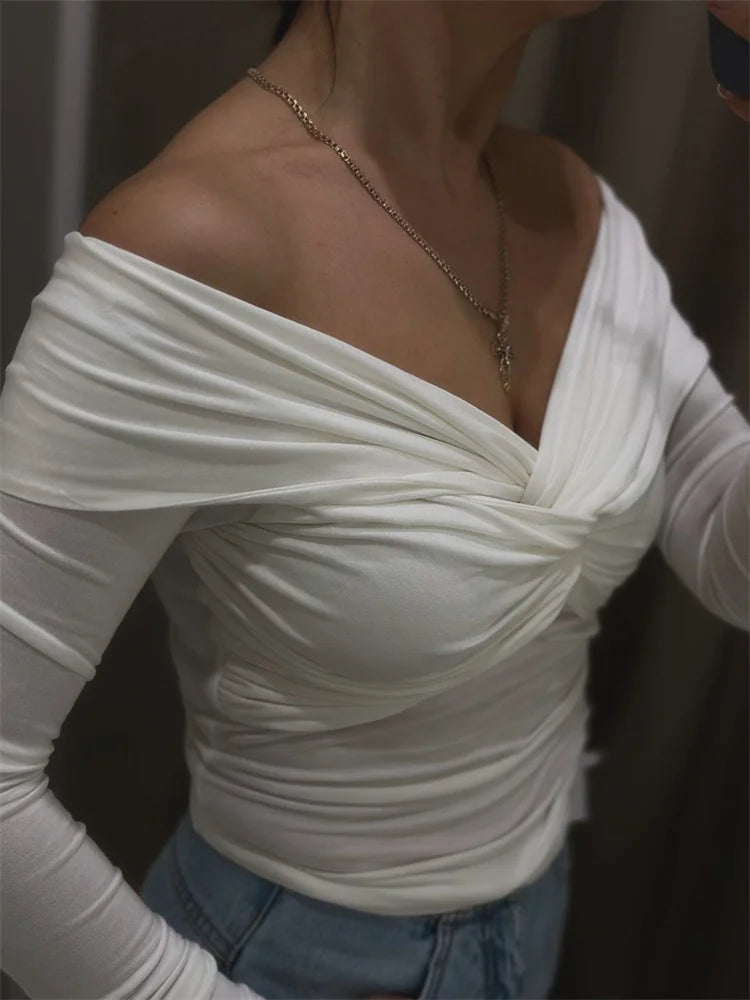 Summer Off-Shoulder Sexy T-shirt Top Women's Pleated Long Sleeve Inner V-Neck White Slim Twist Cropped Pullover Female Tee