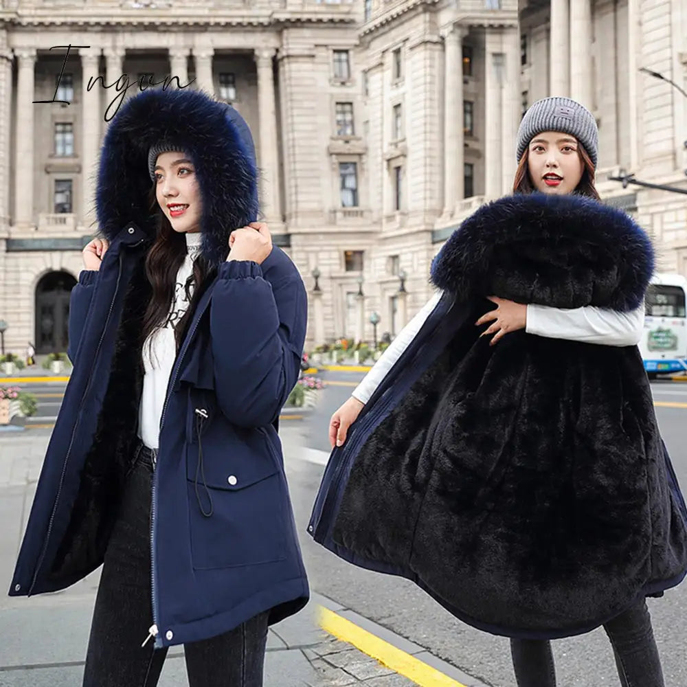 Ingvn - New Cotton Thicken Warm Winter Jacket Coat Women Casual Parka Winter Clothes Fur Lining Hooded Parka Mujer Coats Jacket