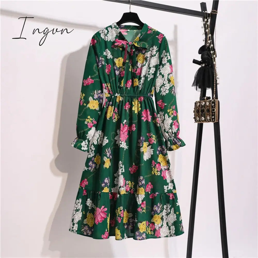 Ingvn - 11 Style Beautiful Fashion Summer Women Long Sleeve Dress Retro Collar Casual High Waist Dresses Floral Print Chiffon Clothing