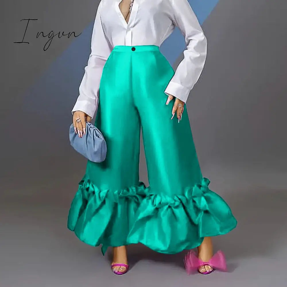 Ingvn - Women High Waist Flare Pants Wide Leg Big Size Shiny Fuchsia Bell Bottoms Trousers Dressy Femme Trendy Party Club Outfits 4XL