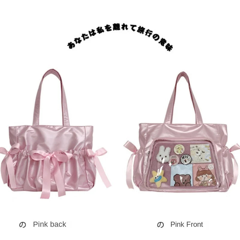 Ingvn  Sweet Ribbon Satin Bow Tote Bag Ballet Style Original Comic Handbag Beautiful Double Large Capacity Student Shoulder Bag