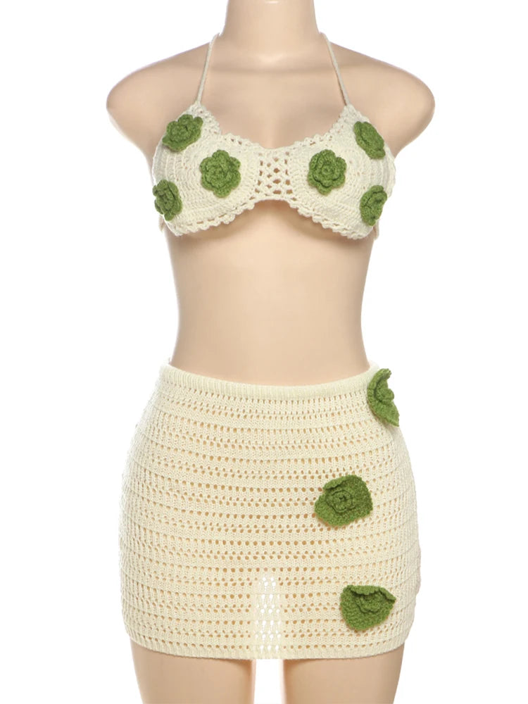 Sexy Crochet Applique 2 Piece Set Women Hollow See Through Halter Bra+Peach Hip Skirts Beach Vacation Matching Clubwear