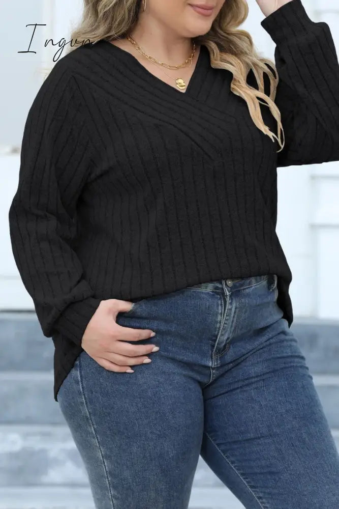 Ingvn - Casual Solid Patchwork V Neck Plus Size Tops