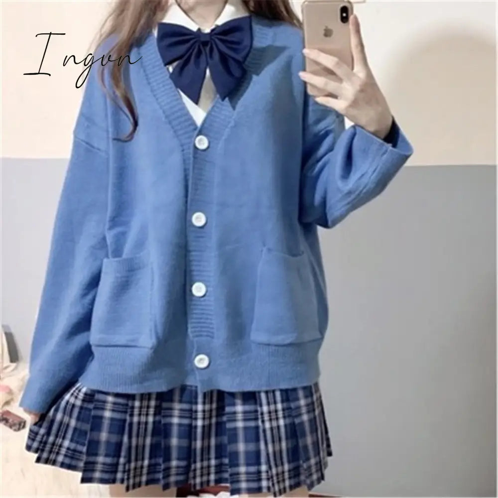 Ingvn - Autumn Winter V-neck cotton knitted sweater uniform cardigan multicolor women's wear Japanese style sweater tops