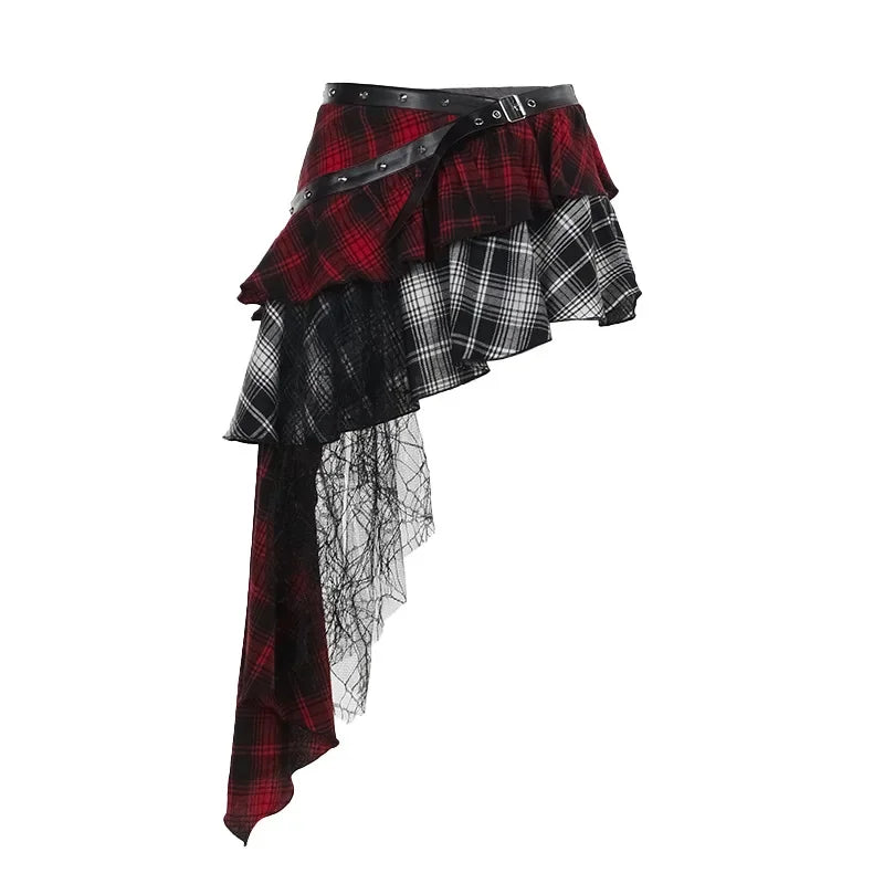 Gothic Irregular Hot Girl Plaid Skirt Women Summer Sweet Street Lace Stitching Multi-Layer Skirt American Y2k Skirt