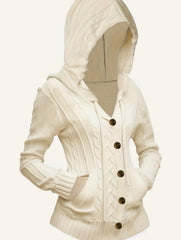 Solid Drawstring Hooded Cable Knit Cardigan, Casual Button Down Long Sleeve Outwear With Pocket, Women's Clothing