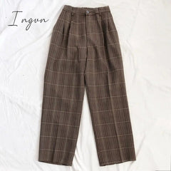Ingvn - Spring Women Pants Plaid High Waist Dropping Feeling High Waist Wide Leg Long Suit  Pants
