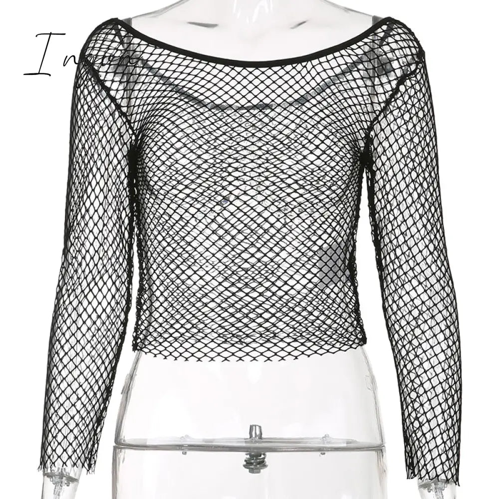 Ingvn - Hot Sell Hollow Out See Through Sexy Slash Neck Fishnet Mesh T-Shirts Women Cute Club Outfits Off Shoulder Long Sleeve Crop Tees