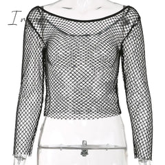 Ingvn - Hot Sell Hollow Out See Through Sexy Slash Neck Fishnet Mesh T-Shirts Women Cute Club Outfits Off Shoulder Long Sleeve Crop Tees