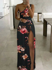 Ingvn - 2023 Fashion Trends Office Elegant One-Shoulder High Slit Long Dress Fashion Block Print Lady Club Slim Dress Sexy Off Shoulder Women Party Dresses
