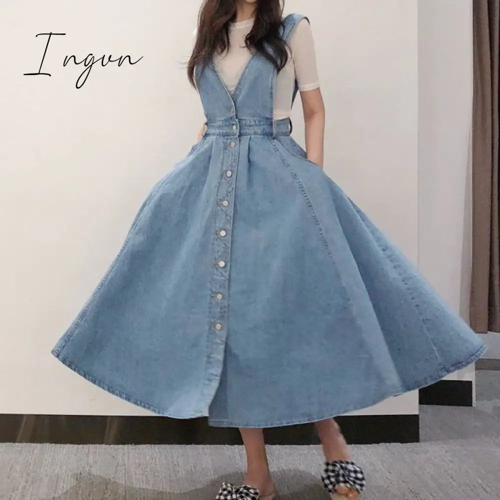Ingvn - New Denim Dress Women Fashion Solid V Neck Sleeveless Backless With Button Pocket Mid Calf Cotton Strap Dress Office Lady