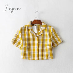 Ingvn - Summer blouse women vintage crop shirt streetwear plaid ladies tops elegant button up shirt korean crop top red