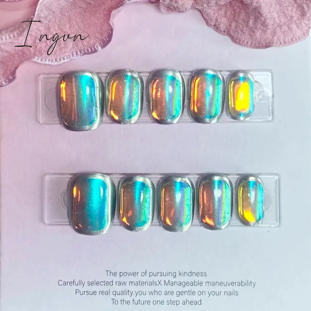 10Pcs Glitter Short Handmade Press On Nails Fake Nails Full Cover Cat Eye Square Head Artificial Manicure Wearable Nail Tips Art