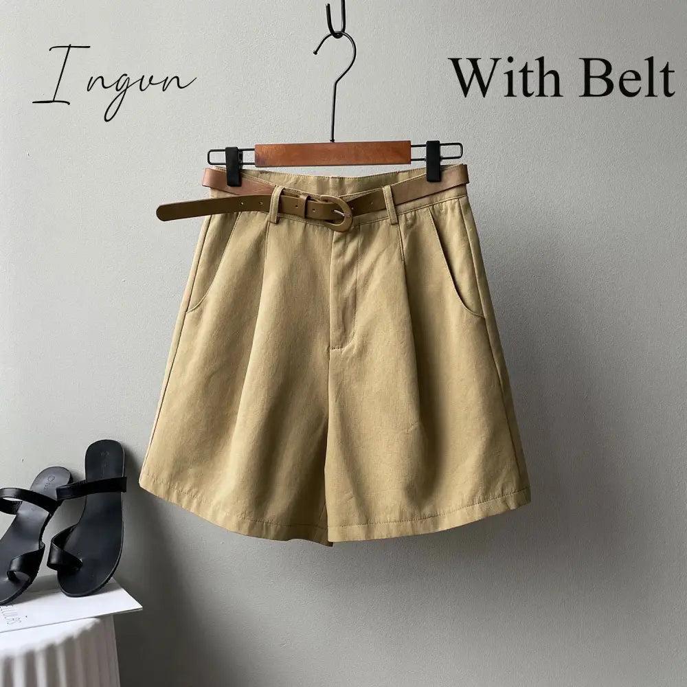 Ingvn - Summer Wide Leg Shorts Women Office High Waist Suit Shorts Beige Oversize Loose Button Solid Classic Casual Shorts With Belt New