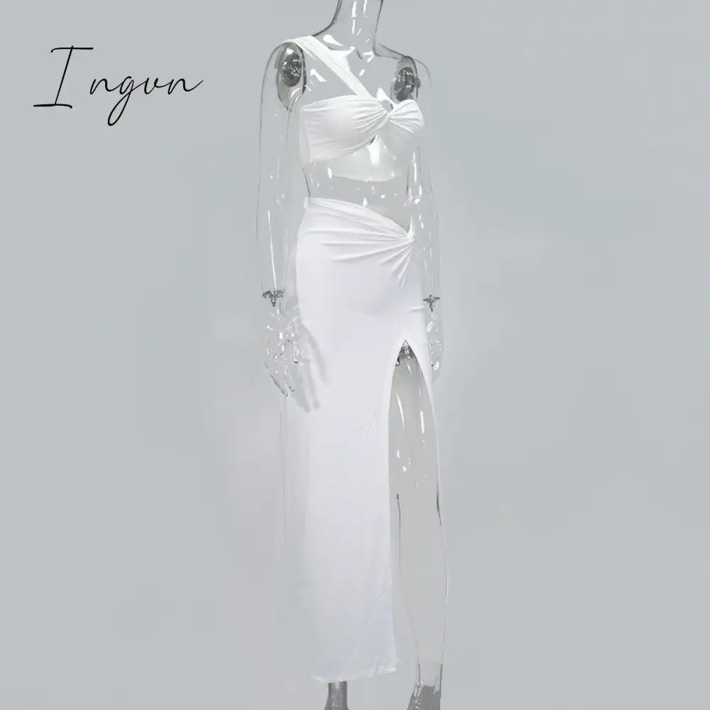 Ingvn - 2023 Fashion Trends Sexy Strapless Wrap Top and Split Maxi Skirts Fall Sleeveless Outfit Two Piece Set Night Club Party Matching Set