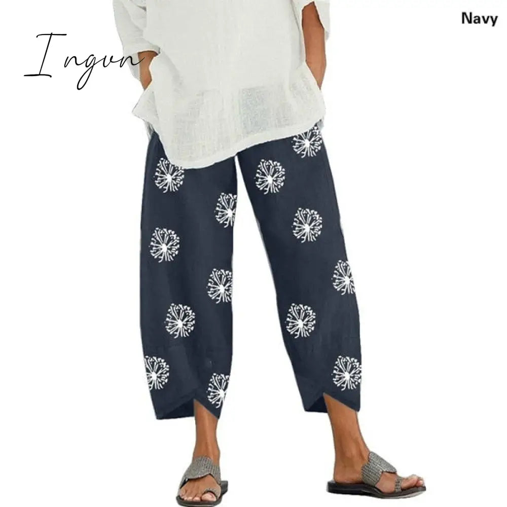 Ingvn - Vintage Harem Pants Women Casual Loose Printed Elastic Waist Cotton Linen Wide Leg Pants Summer Irregular Pantalon Cropped Pants